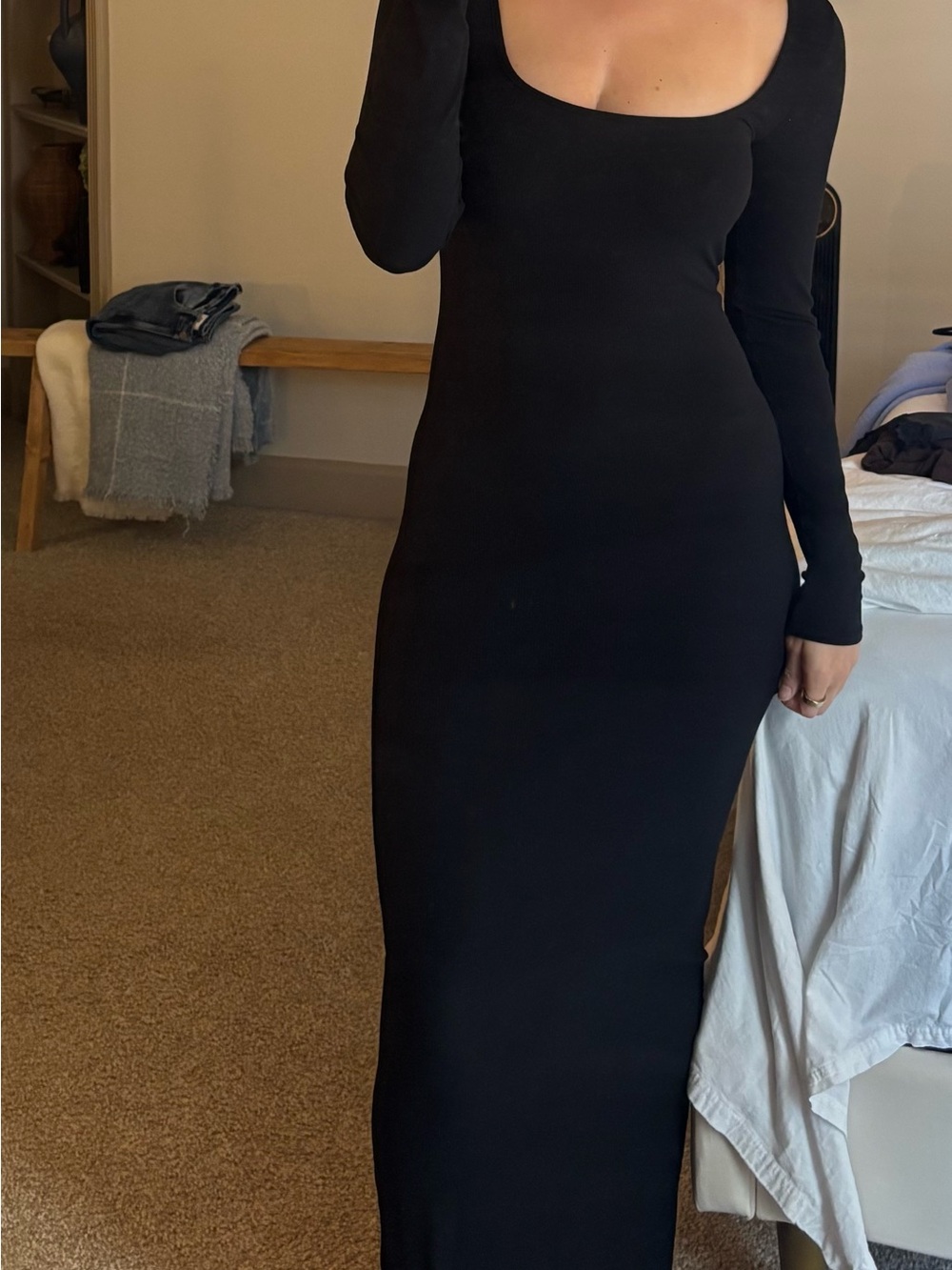 SKIMS Black Long Sleeve Scoop Neck Maxi Dress